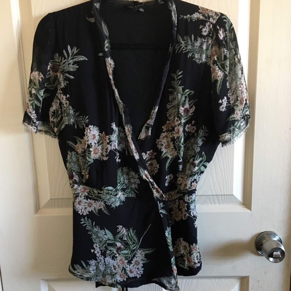 Lucky Brand Black Floral Wrap Top Blouse Medium